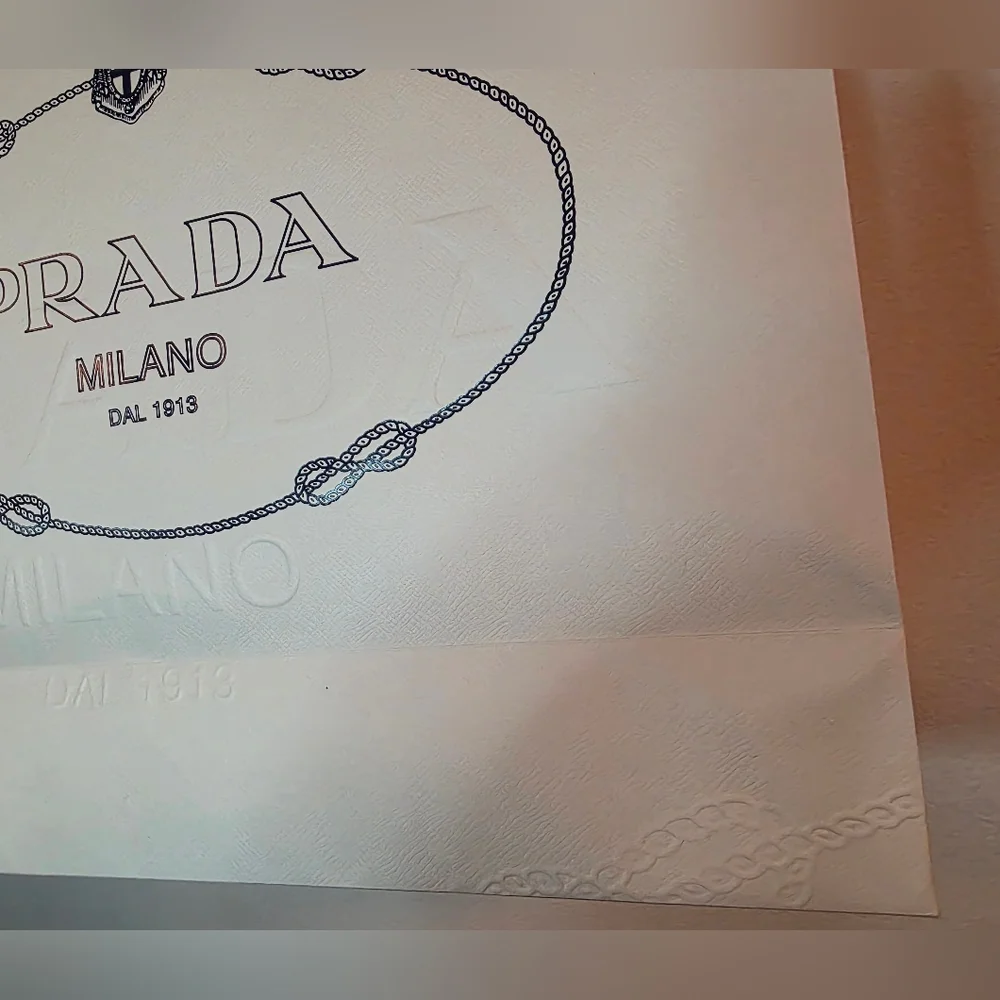 Prada White Shopping Bag with Blue Logo – Large Luxury Paper Tote – 16